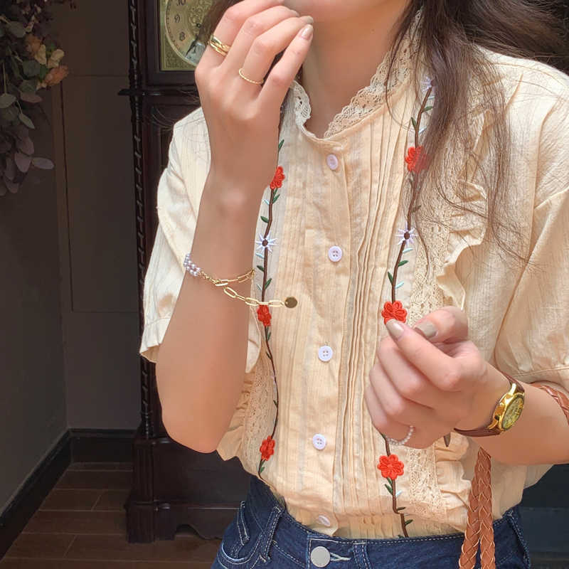 Korejpaa Women Shirt Summer Korean Chic Girls Sweet Round Neck Fungus Lace Stitching Embroidery Flower Puff Sleeve Blouses 210526