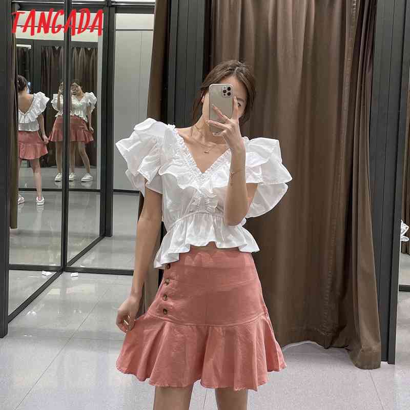 Women Pink Solid Skirt Summer Buttons Ruffles Casual Shorts Pantalones 4N24 210416