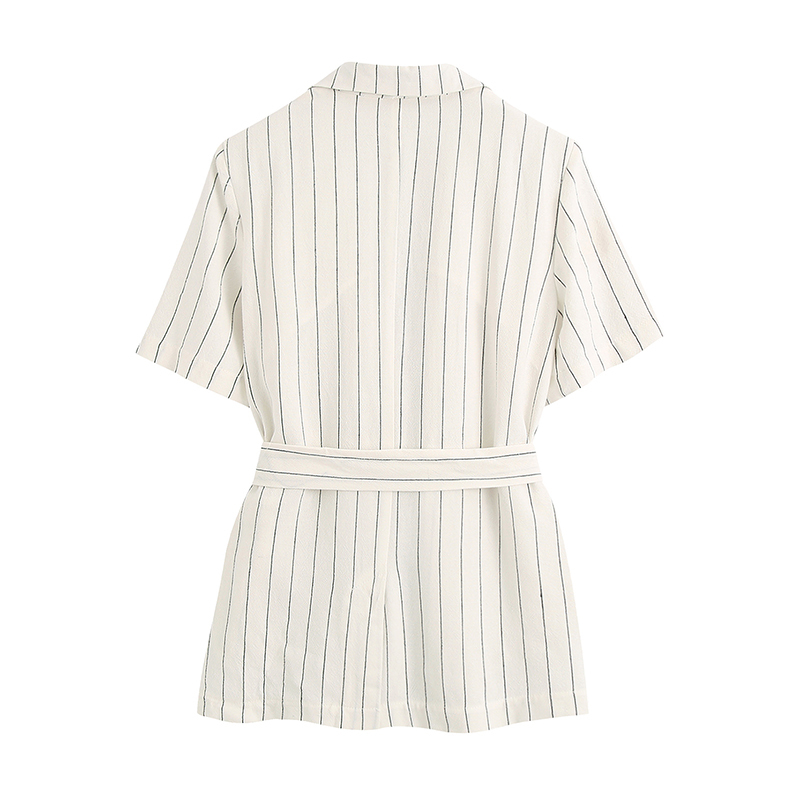 Summer Casual Stripe Blazer Women Notched Neck Short Sleeve Office Suit Jacket Female Single Button Sashes Elegant Coat 210515