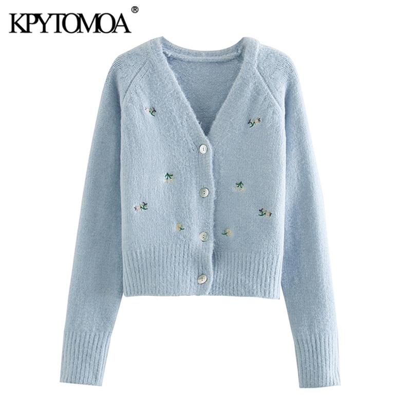 Women Fashion Floral Embroidered Knitted Cardigan Sweater V Neck Long Sleeve Female Outerwear Chic Tops 210420