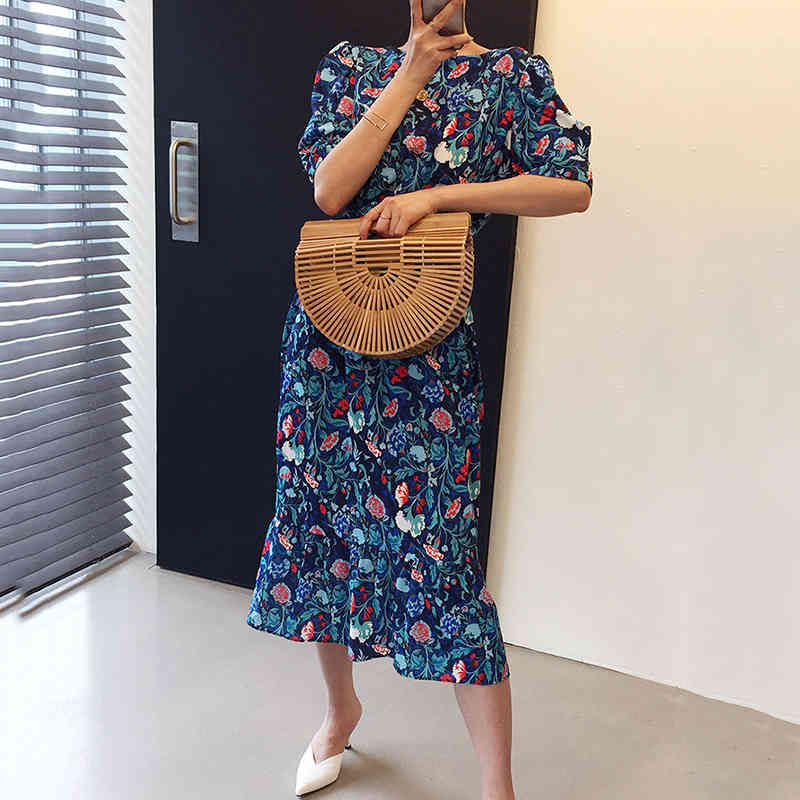 Print Floral Women mermaid Dress puff Sleeve Spring Summer long Dresses sexy backless elegant korean Vestidos 26138 210519
