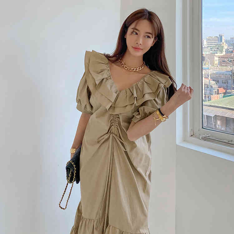 Elegant Korean Solid Casual Women Dress Ruffled Collar Puff Sleeve Ruched Mermaid Midi Dresses Loose Fashion Summer 210506