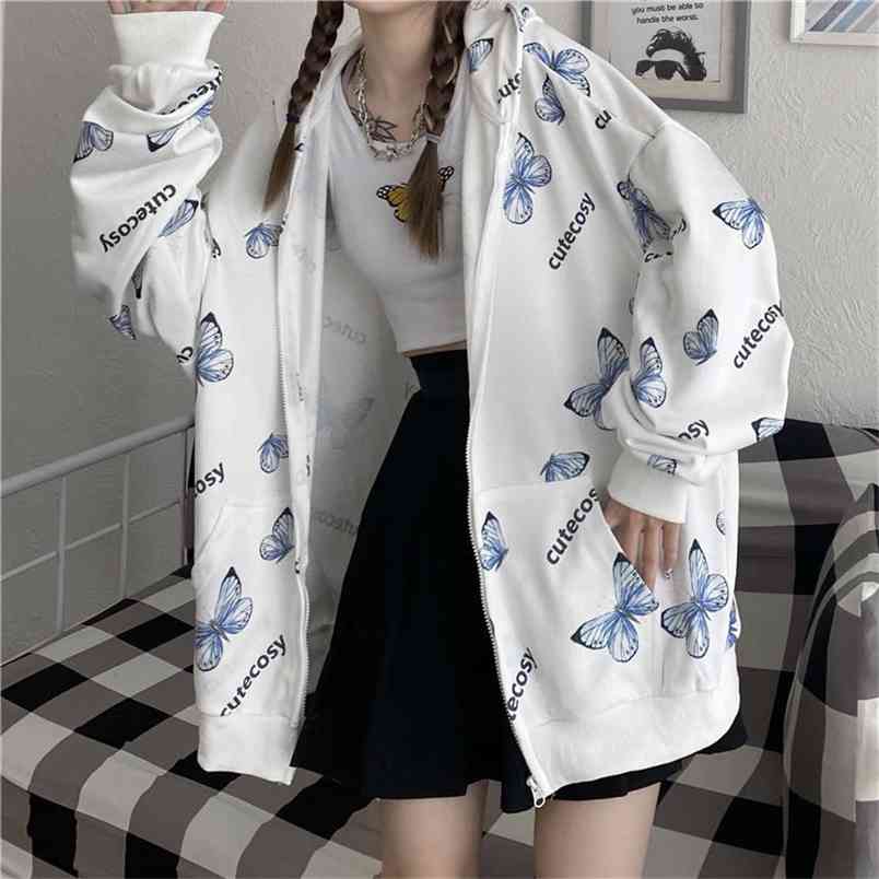 Summer Harajuku Butterfly Hoodie With Zipper Women Sweatshirt Spring Oversized Hoodies Outerwear Plus Size 210910