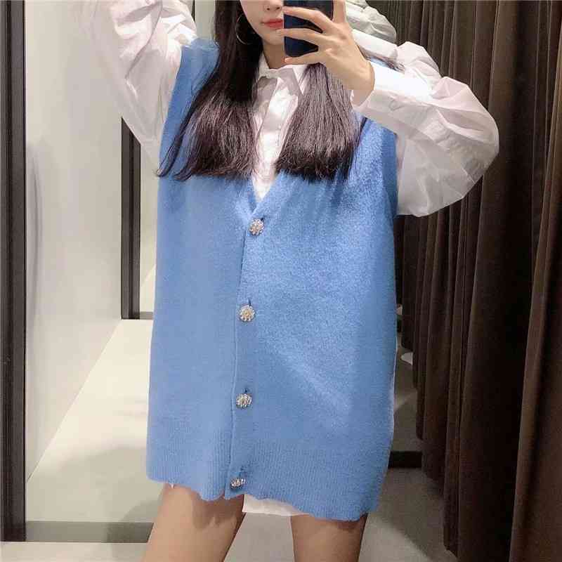 Streetwear Women Blue Sweater Vest Fashion Ladies V-Neck Knitted Tanks Causal Female Chic Diamdons Button Cardigans 210430