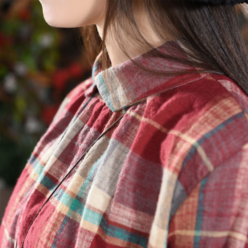 Autumn Fashion Women Shirt Plus Size Long Sleeve Peter Pan Collar Shirts Casual Plaid Blouses Vintage Cotton Ladies Tops D95 210512