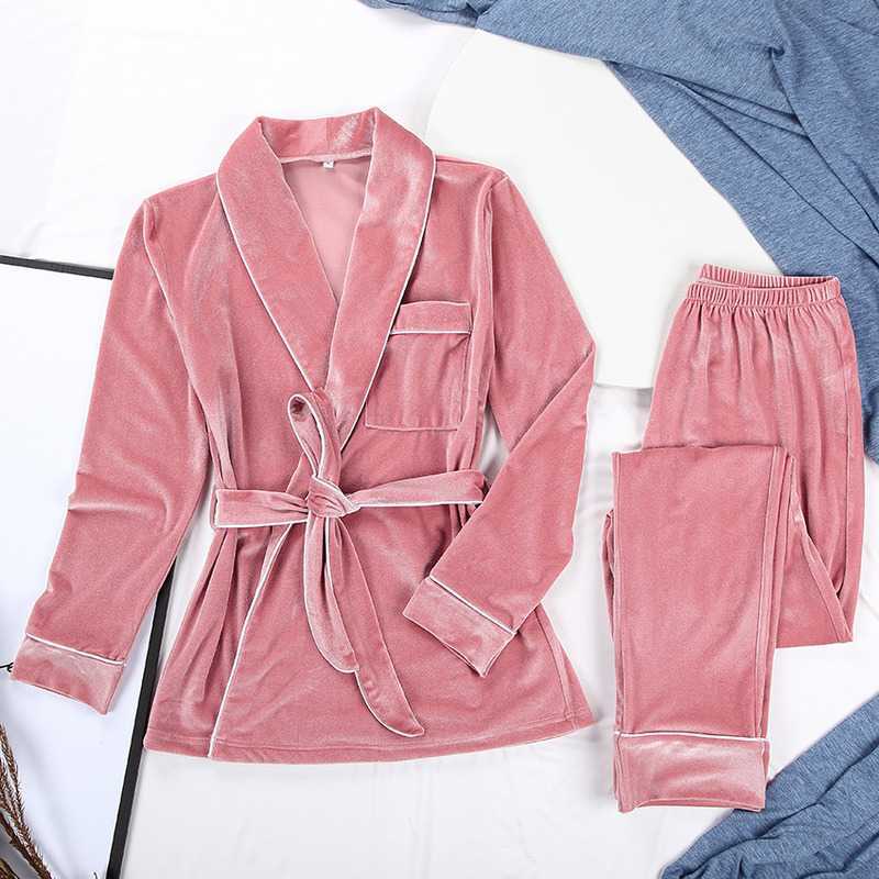 Velvet Warm Pajamas For Women Robes And Pants Solid Pocket Long Sleeve Thick Home Wear Autumn Night Suit Winter Casual 210924