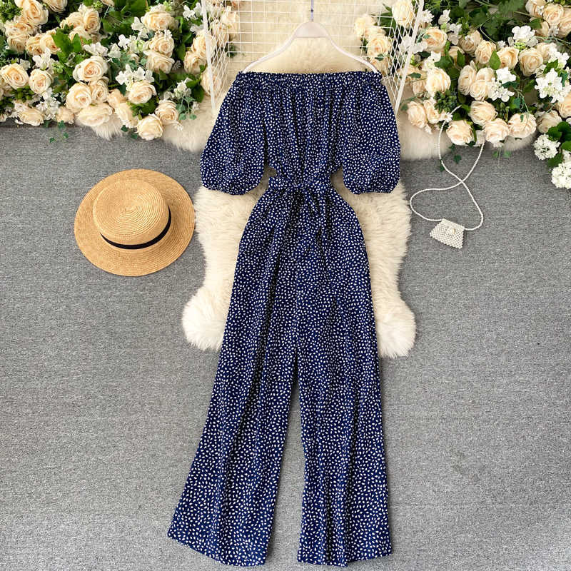 Women Fashion Slash Neck Short Sleeve Jumpsuit Autumn High-waisted Thin Broad-legged Overalls Clothing P880 210527