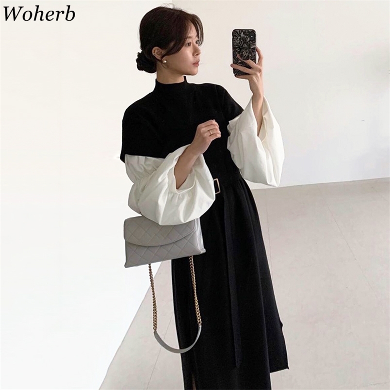 Knitted Sweater Dress Women Loose Long Patchwork Robe Mujer Contrast Color Vintage Korean Dresses Stand Collar Vestidos 210519
