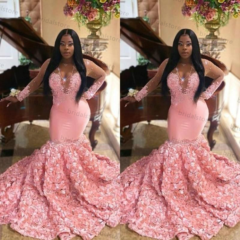 Gorgoues Pink African Mermaid Evening Dresses With 3D Florals Sexy V Neck Illusion Long Sleeve Prom Dress Beaded Lace Formal Gowns For Black Girls Rob