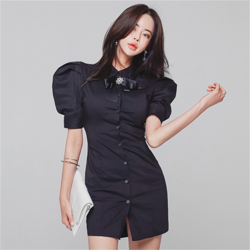 Fashion Elegant Women Solid Color Bowknot Lapel Puff Sleeve Mini Shirt Dress Office Lady Slim Waist Bodycon 210519