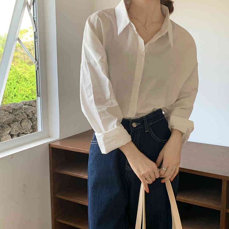 White Oversize Office Lady Loose Shirts Minimalist Solid Brief Chic Korean Stylish Lapel OL Arrival All Match Tops 210421