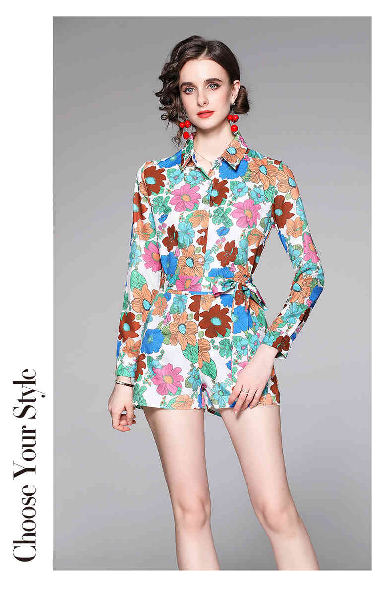 Women's Summer Two Piece Set Vintage Print Bowknot Turn Down Collar Long Sleeve Shirt Top + Casual Short Suit 210519