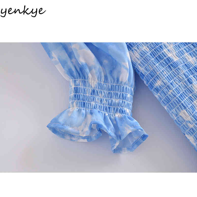 YENKYE Blue Tie Dye Elastic Dress Women Puff Sleeve Square Neck Sexy Bodycon Mini Dress Female Party Summer Vestido 210515