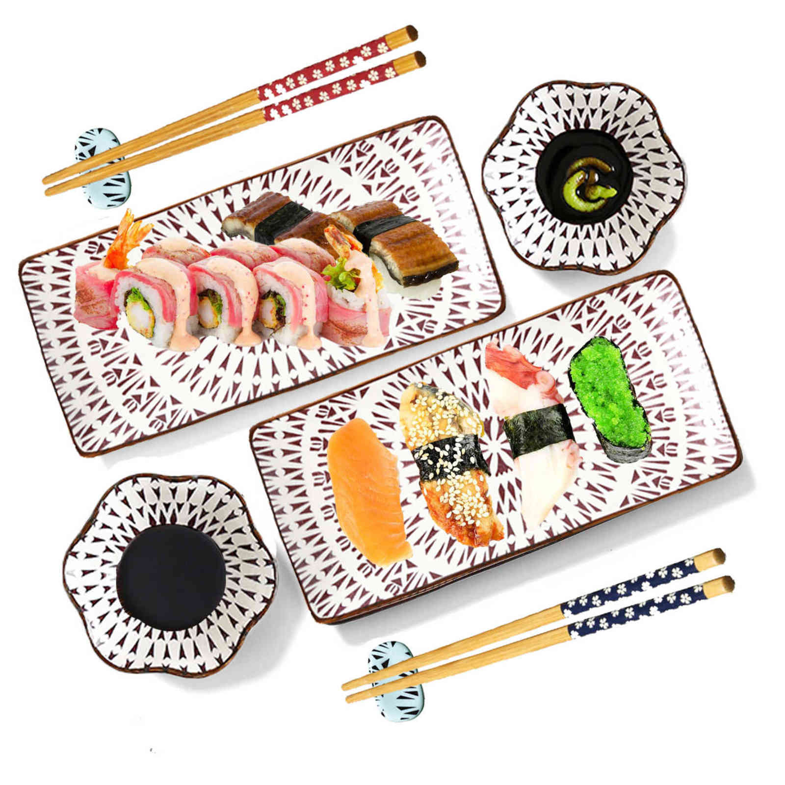 Ceramic Sushi Serving Tray Sets 2, 8 Pieces Japanese Style Porcelain Plate Dinnerware Soy Sauce Dishes Chopsticks Stand CZY10601 H1126
Ceramic Sushi Serving Tray Sets 2, 8 Pieces Japanese Style Porcelain Plate Dinnerware Soy Sauce Dishes Chopsticks Stand CZY10601 H1126