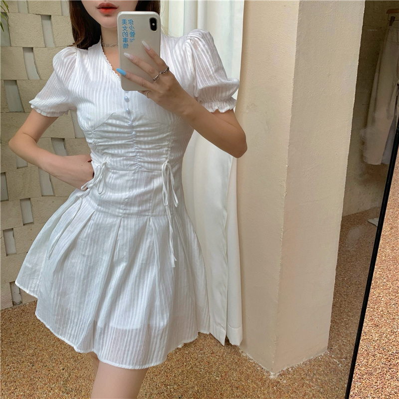 Summer Elegant Mini Dress Woman Korean Party Beach Female Puff Sieeve Office Lady V-Neck A-Line 210519