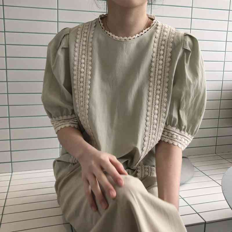 Nomikuma Lace Patchwork Blouse Women Summer Puff Sleeve Shirts Causal O-neck Korean Blusas Mujer De Moda 6H499 210427