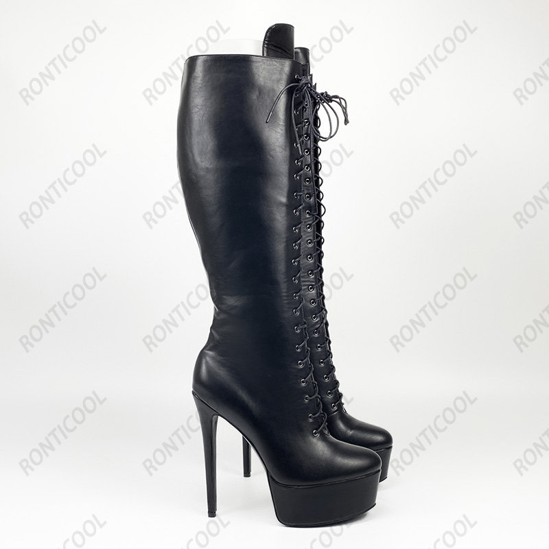 Rontic High Quality Women Winter Knee Boots Waterproof Stiletto Heels Round Toe Boutique Black Grey Shoes Plus US Size 5-20