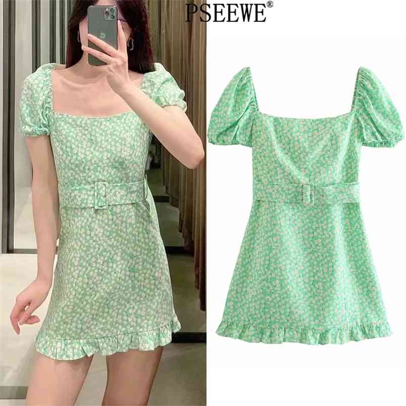 Dresses Summer Woman Green Floral Print Mini Dress Women Ruffle Square Neck Short Puff Sleeve Belt 210519
Dresses Summer Woman Green Floral Print Mini Dress Women Ruffle Square Neck Short Puff Sleeve Belt 210519