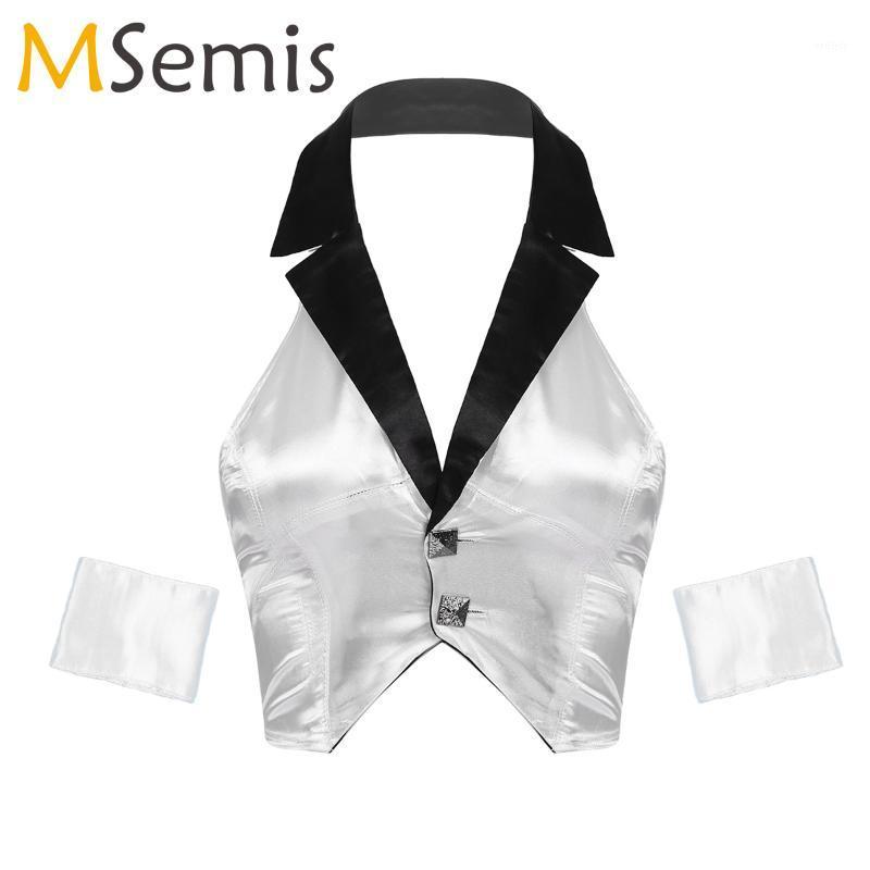 Women Glossy Lapel Waistcoat V Neck Halter Sleeveless Backless Button Crop Top With Metal Cuffs Female Sexy Camisole Clubwear Bras Sets, White
Women Glossy Lapel Waistcoat V Neck Halter Sleeveless Backless Button Crop Top With Metal Cuffs Female Sexy Camisole Clubwear Bras Sets, White