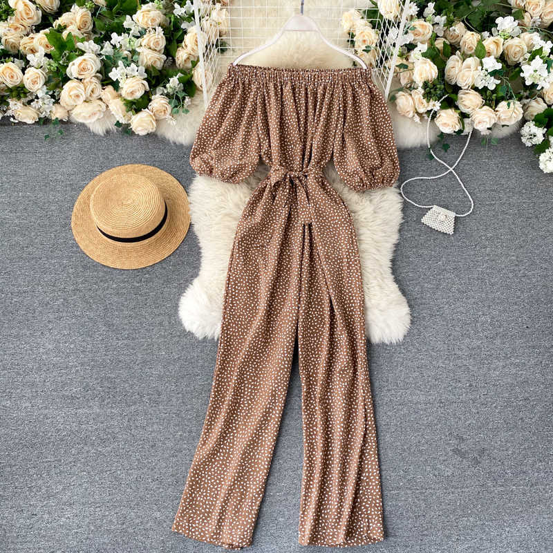 Women Fashion Slash Neck Short Sleeve Jumpsuit Autumn High-waisted Thin Broad-legged Overalls Clothing P880 210527
