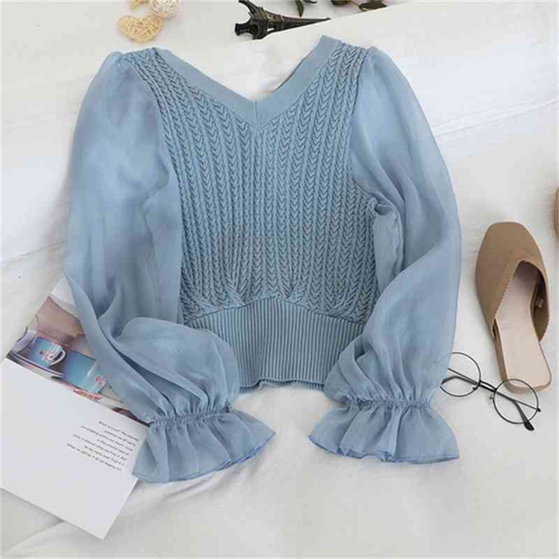 Fashion Patchwork Mesh Blouse Women V Neck Knit Flare Long Sleeve Blusas Autumn Spring Slim Shirt Elegant 47108 210602