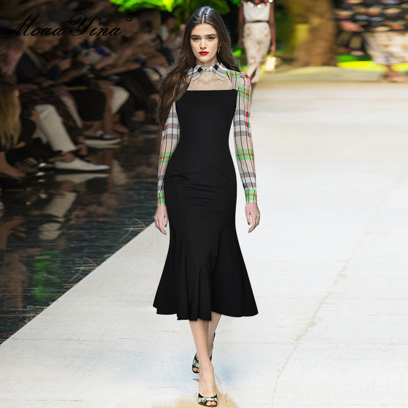 Summer Party Fashion Mermaid Dress Women Long sleeve Hollow out Plaid Print Patchwork Slim Midi Vestidos 210524