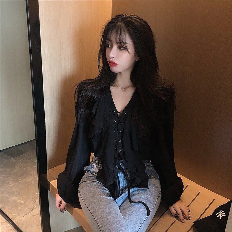 Wonder Bandage Chiffon Blouse Women Long Sleeve Elegant Korean Hajaruku Casual Loose White Autumn Top 210510