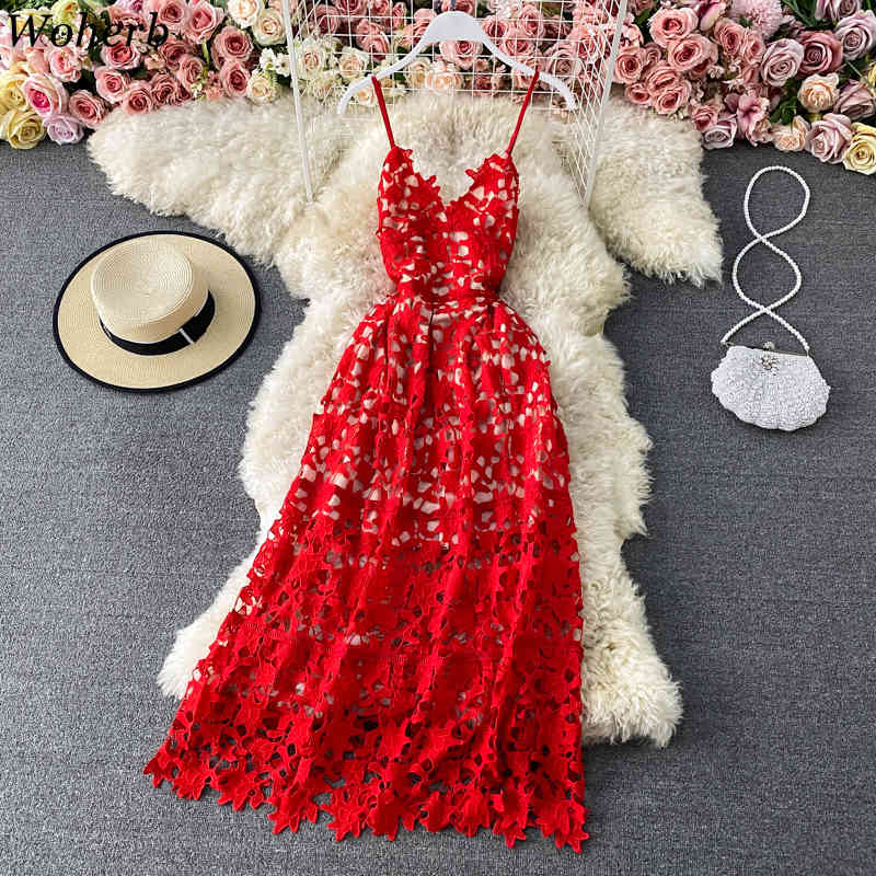 V Neck Woman Dress Solid Sexy Lace Hollow Out Summer Party Night Clue Vestidos Korean Fashion Ins Vintage Dresses 210422