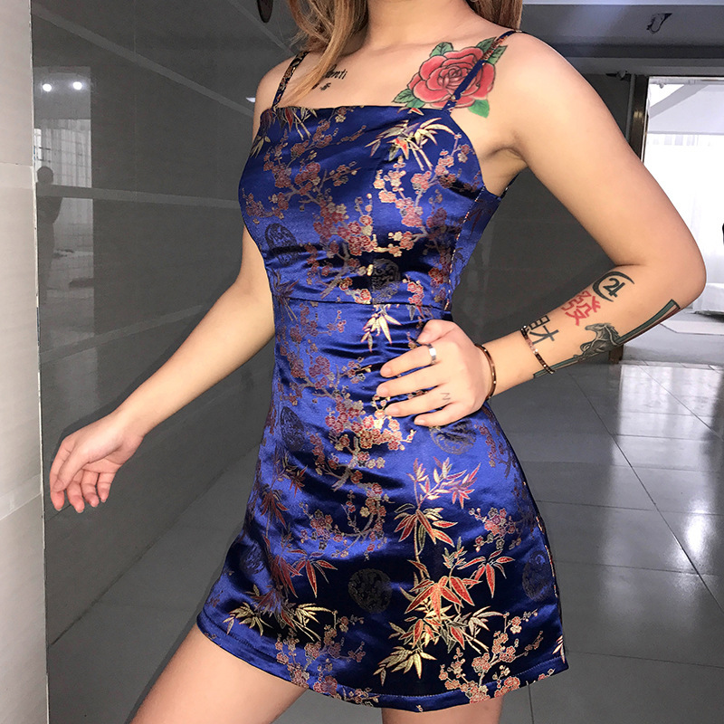 NewAsia Chinese Style Sexy Satin Dress Women Jacquard Strapped Summer Party Dress Backless Mini Dresses Elegant Outfits Vestidos 210413