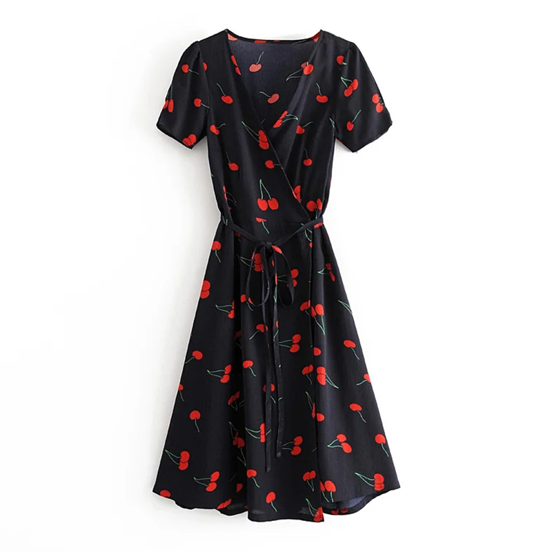 Vintage Cherry Print Dress Women Deep V Neck Sexy High Split Wrap Dress Summer Short Sleeve Boho Casual Midi Dresses 210414