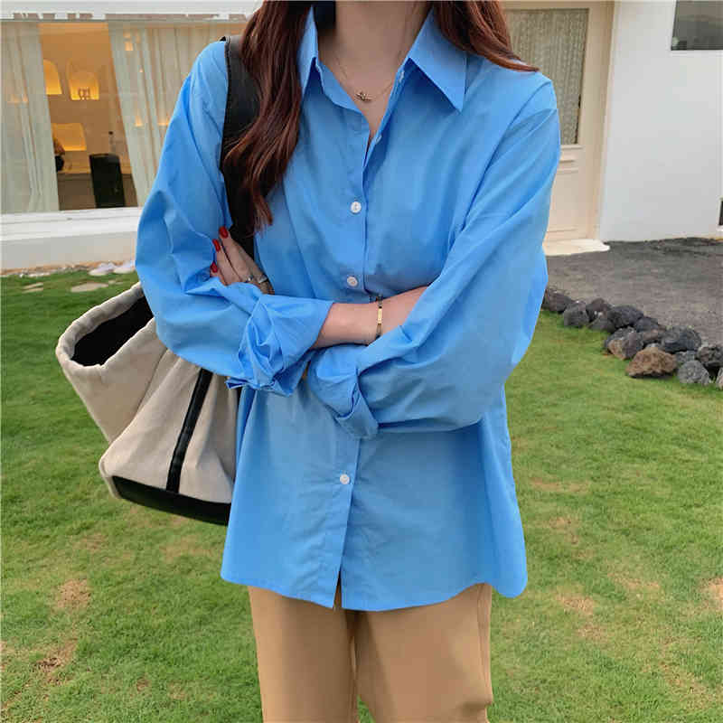 Fashion Work Wear Basic Shirt Women Tops Minimalist Casual Formal Shirts OL Solid Loose Full Sleeve Chic Blouses 210421