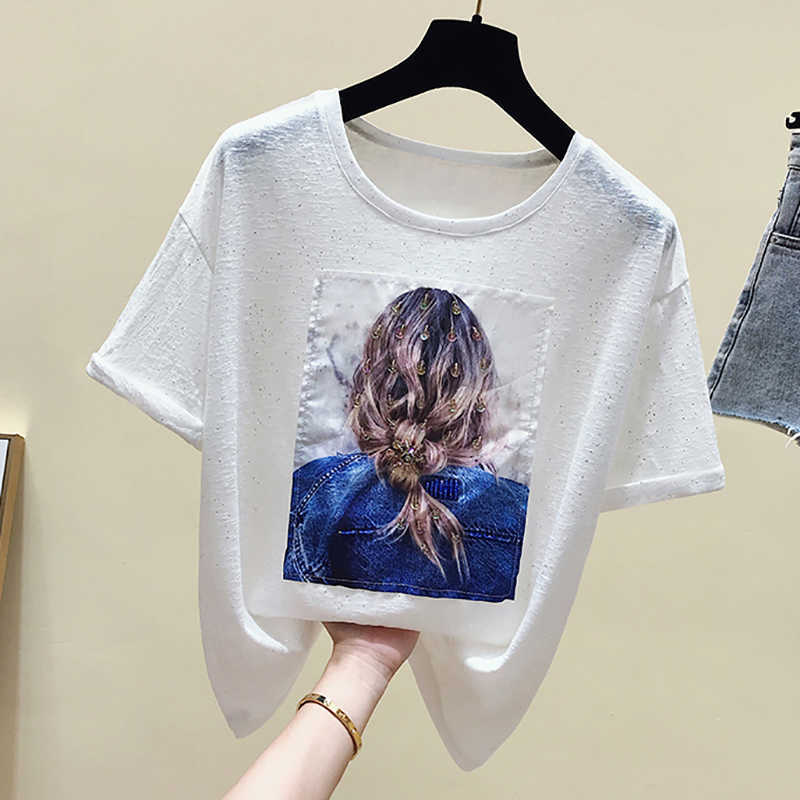 Poleras Mujer De Moda Print Sequins T Shirt Women Tshirt Female Summer Tops T- Korean Fashion Cotton Tee Femme 210615Z