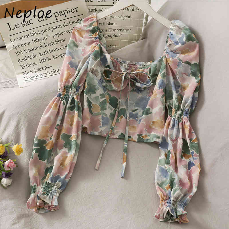 Neploe Square Collar Clavicle Exposed Sexy Blouse Women Vintage Print Slim Fit Blusas Spring Long Sleeve Shirt Femme 210510
