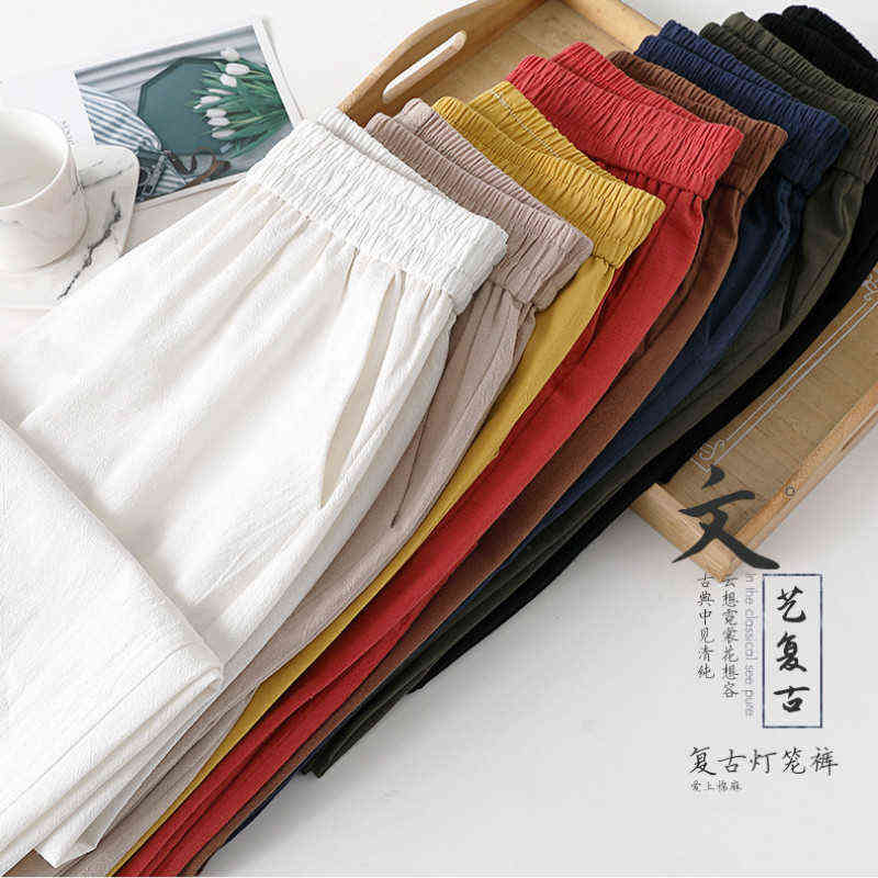 Spring Summer Woman Cotton Linen Pants Elastic Waist Solid Harem Ankle-length s Trousers Bloomer Pencil 211115