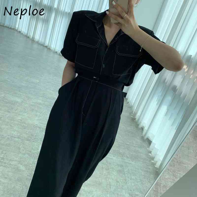 Work Style Ol 2 Pcs Women Set Turn Down Collar Short Sleeve Single Breast Shirt + High Waist Hip Straight Pant Black Suit 210422