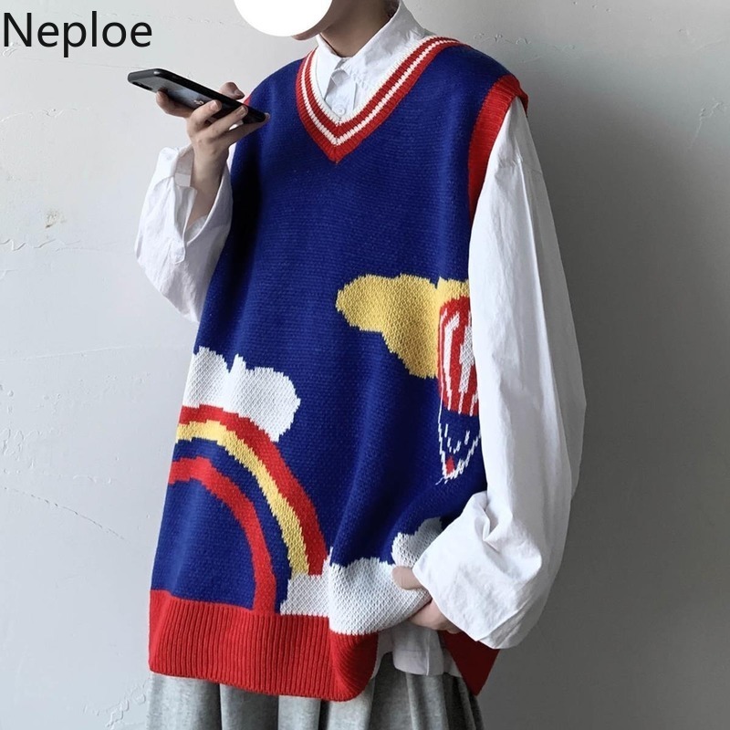 Neploe Rainbow Crochet Floral Sweaters Vest Women BF Streetwear Korean Fashion Knit Pullovers Coat Plus Size Outwear Tank Coat 210422