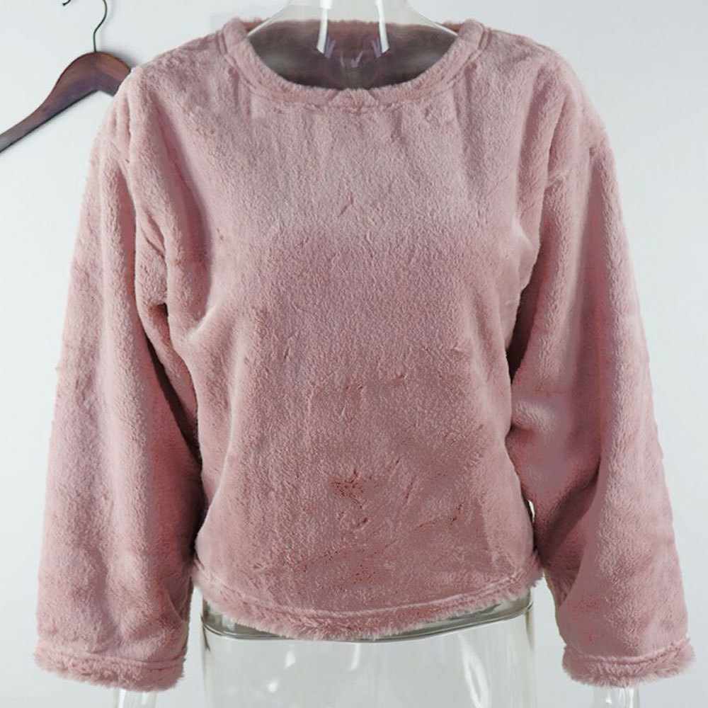 Long Sleeve O Neck Plush Cropped Tops Casual White Pink Pullovers Sexy Short Vintage Fleece Sweatshirts 210428