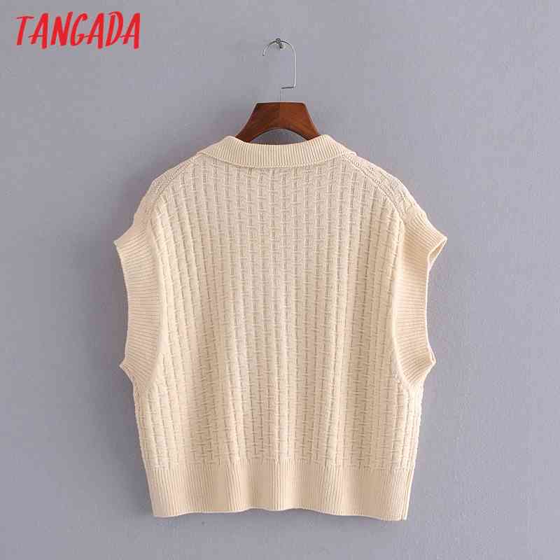 Women Fashion Oversized Beige Knitted Vest Sweater Sleeveless Female Waistcoat Chic Tops 3H180 210416