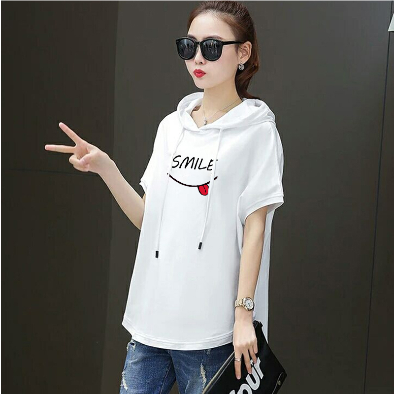 T-shirt female new hooded loose summer casual red white short-sleeved large size women fashion printing t-shirt Cotton 210406