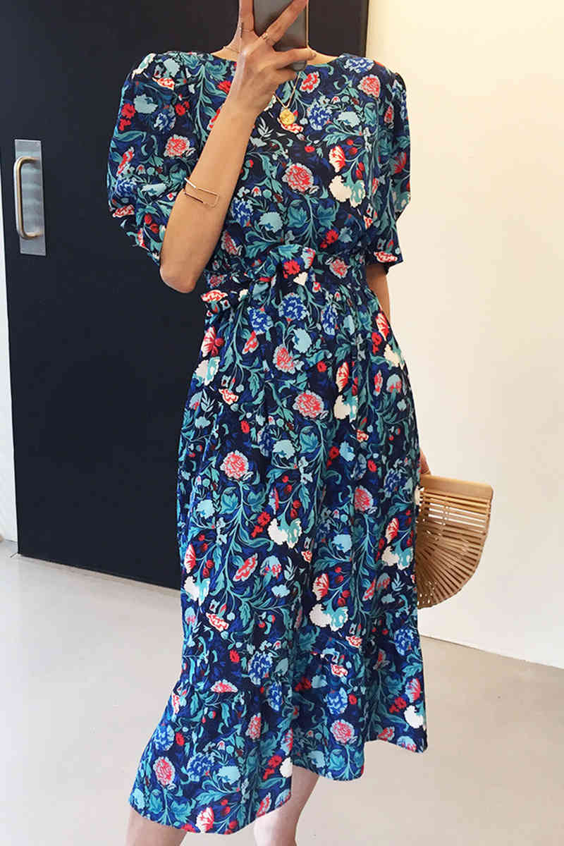 Print Floral Women mermaid Dress puff Sleeve Spring Summer long Dresses sexy backless elegant korean Vestidos 26138 210519