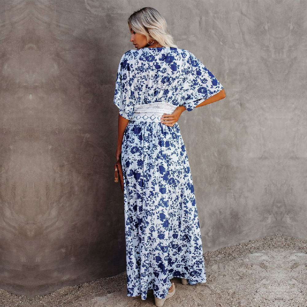 Boho Printed Bikini Cover-ups Plus Size Beach Wear Elegant Self Belted Kimono Dress Women Summer Swimsuit Cover Up A798 210420