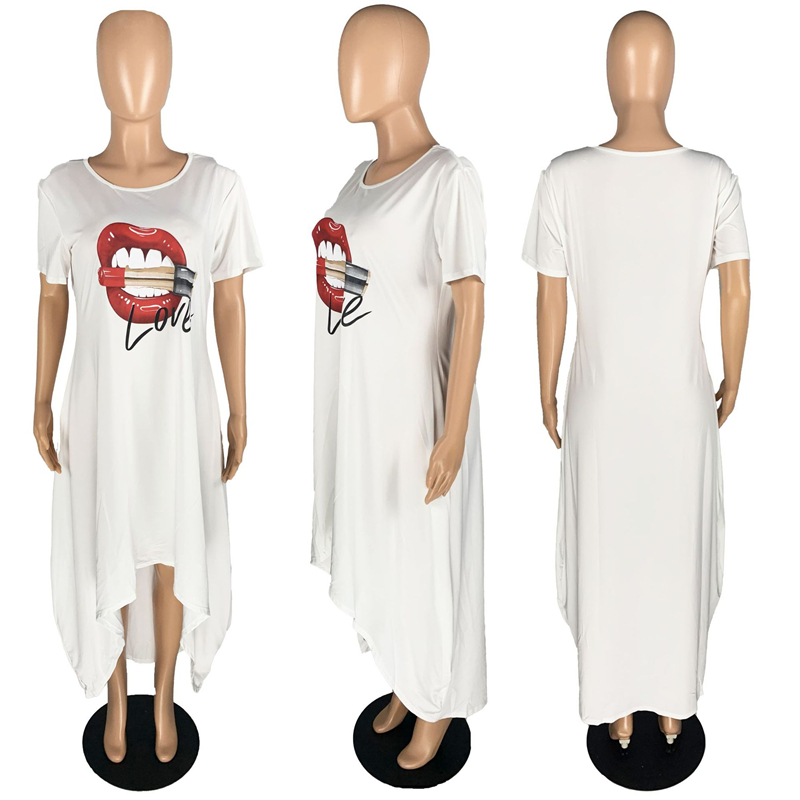 Dress Women Plus Size Summer Crewneck Short Sleeve Tshirt Dress Streetwear Irregular Casual Long Dress Wholesale Dropshipping 210409