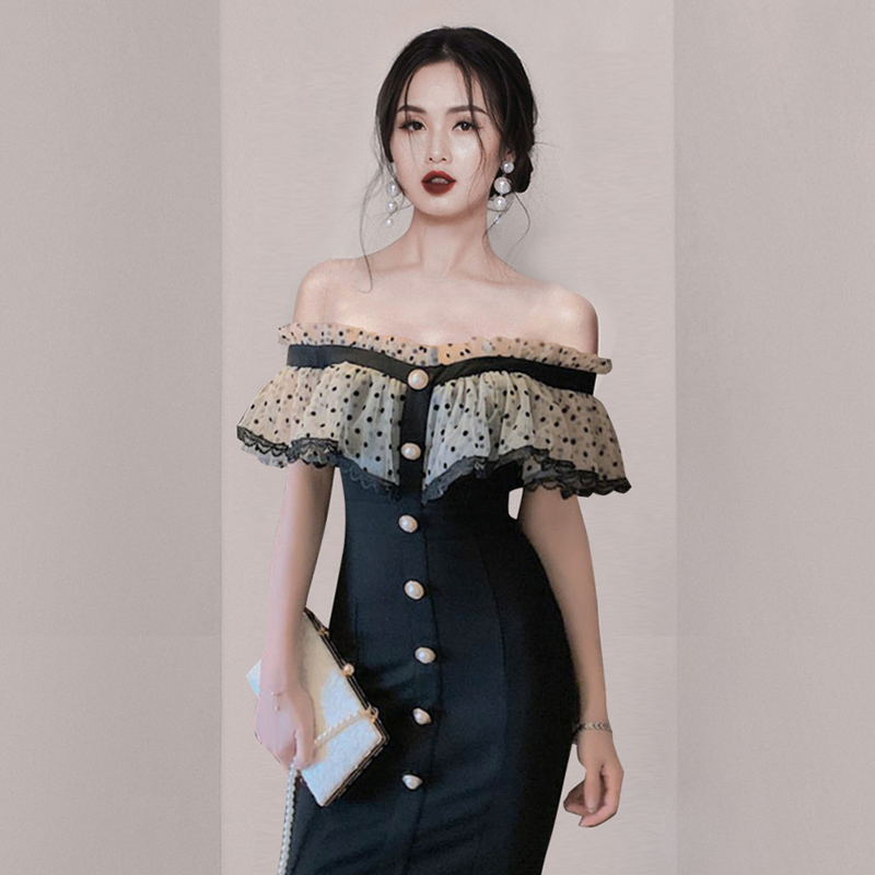 Korea Summer Fashion Sexy Dot Mesh Ruffles Slash Neck Bodycon Single-Breasted Office OL Pencil Dress Vestido Feminino 210519