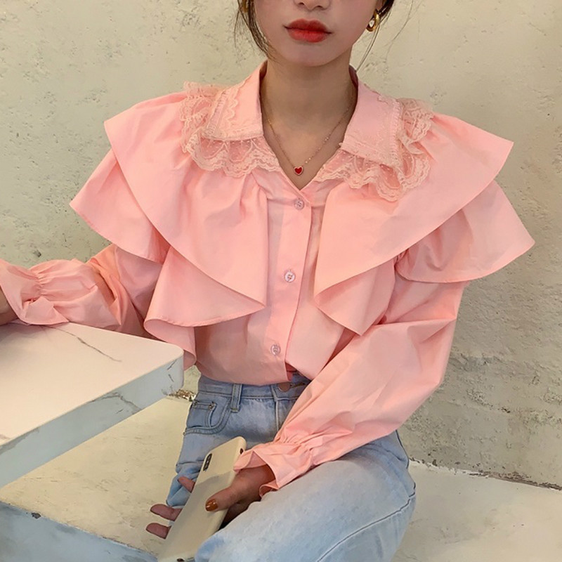 Nomikuma Blouse Women Flare Long Sleeve Lace Patchwork Turn-down Collar Shirt Spring Ruffle Patchwork Causal Blusas 6E092 210427