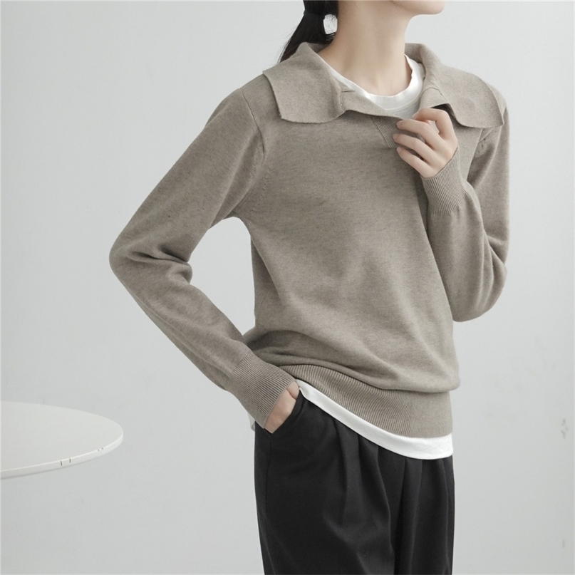 Autumn Casual Lapel Knitted Long Sleeve Top Women's Jumper Solid Color V-Neck Pullovers Sweater Female Clothing 211011Z