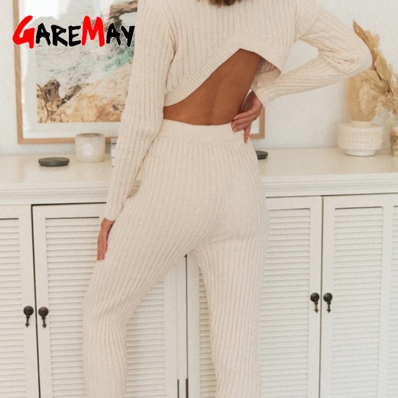 Women Knitted Long Sleeve O-neck Sweater and Pant Drawstring 2 Piece Set Home Foreign Trade Casual Two Pieces Sets Women's Suits 210428