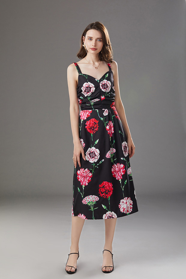 sundress maxi floral dress ruched v-neck sexy party black flower print dinner beach dresses summer clothes for women 210421