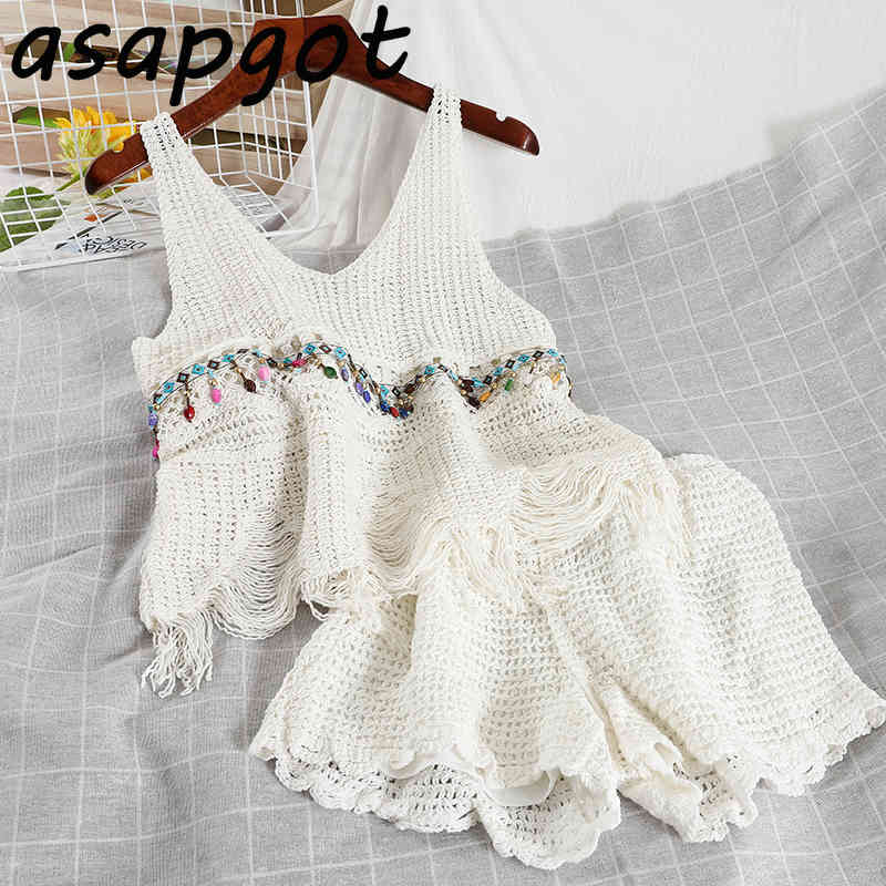 Fashion Matching Sets Vintage V Neck Sleeveless Hollow Out Tassel Camisole Tops Short + Wide Leg Shorts Casual Indie Folk 210429