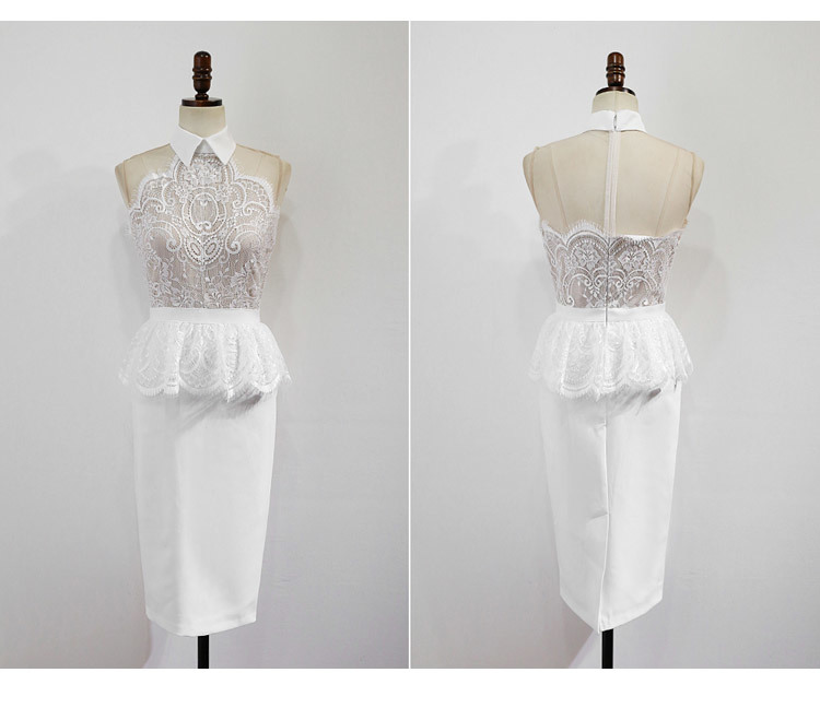 Summer Women Ruffles Pencil Dress Koran Fashion Lace Patchwork Sleeveless Turn Down Collar Bodycon Work 210506