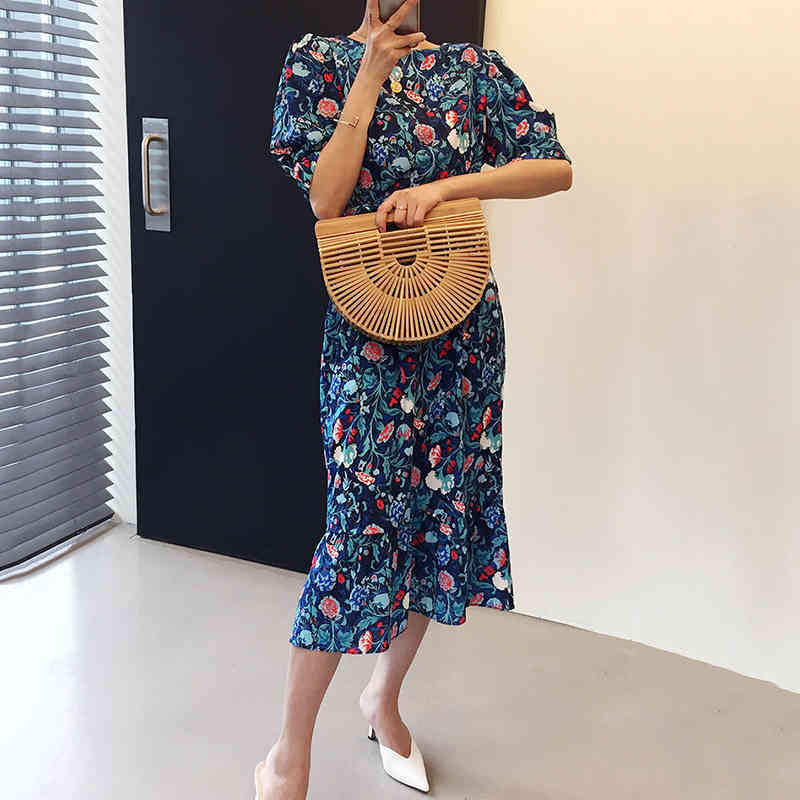 Print Floral Women mermaid Dress puff Sleeve Spring Summer long Dresses sexy backless elegant korean Vestidos 26138 210519